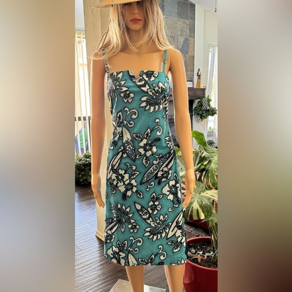 Vintage Hunza 80s Floral Notch Neck Dress Teal Blue White Archive Size Medium